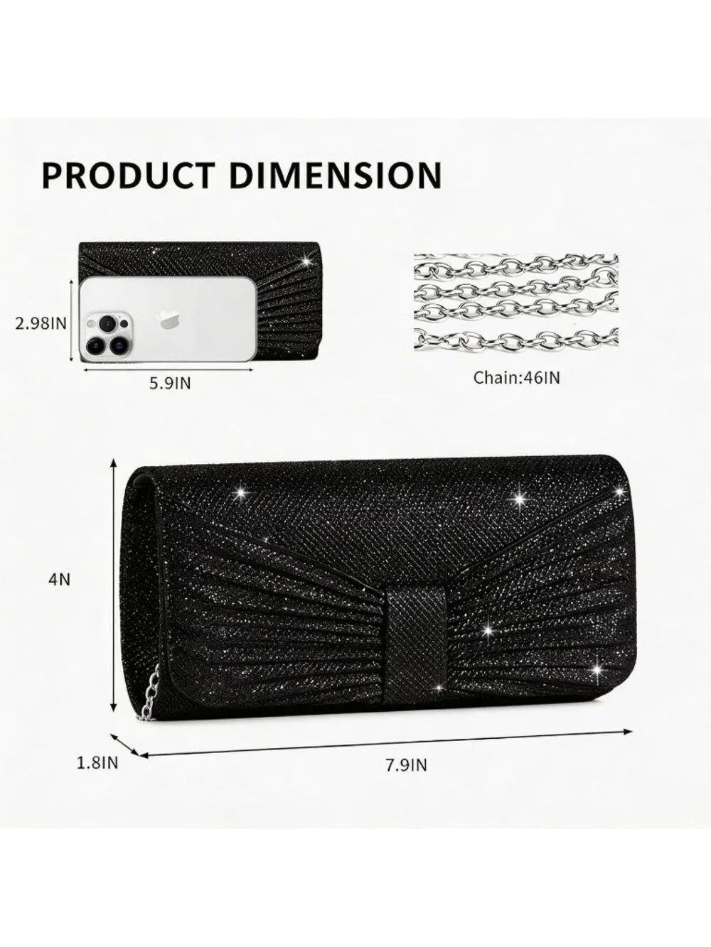 👜 Women's Black Wedding Bag Sparkling Party Handbag with Detachable Chain Purse